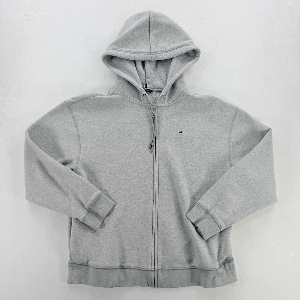 Tommy Hilfiger Hoodie Womens Medium Gray Full Zip Sherpa Fleece Lined Logo
